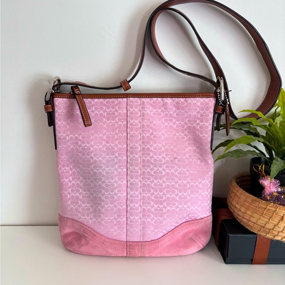 Coach Handbags - Coach Jacquard pink suede and canvas signature hobo
